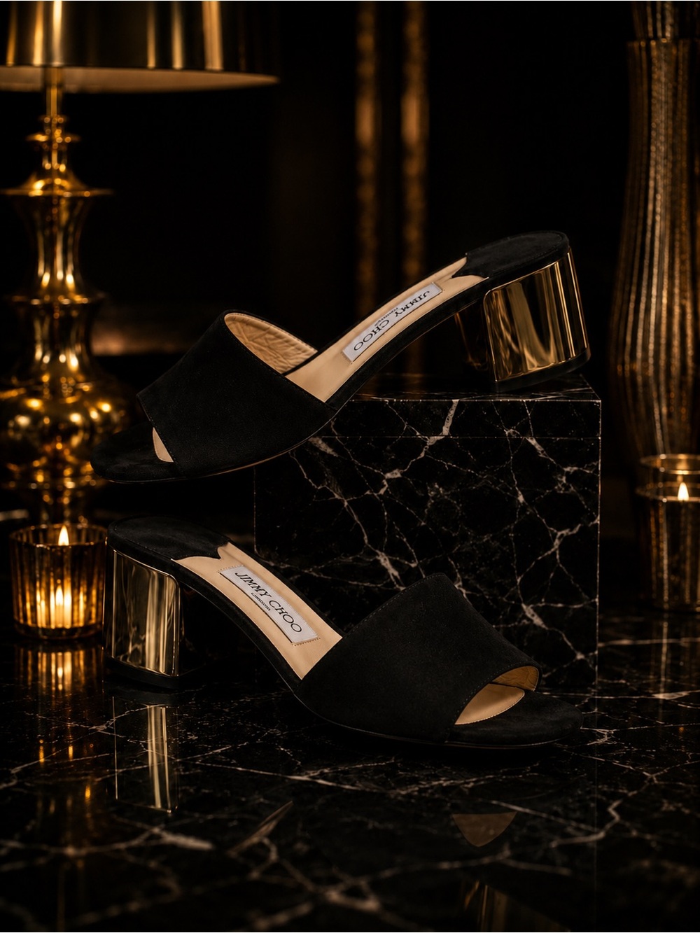 Jimmy Choo Black Suede Gold Block Heel Mules | Size EU 40 / US 9